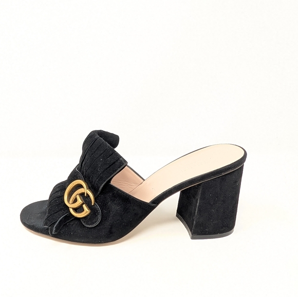 Gucci Size 40 Marmont Suede Fringe Mules Kiltie Heels Sandals Double G - Picture 8 of 15